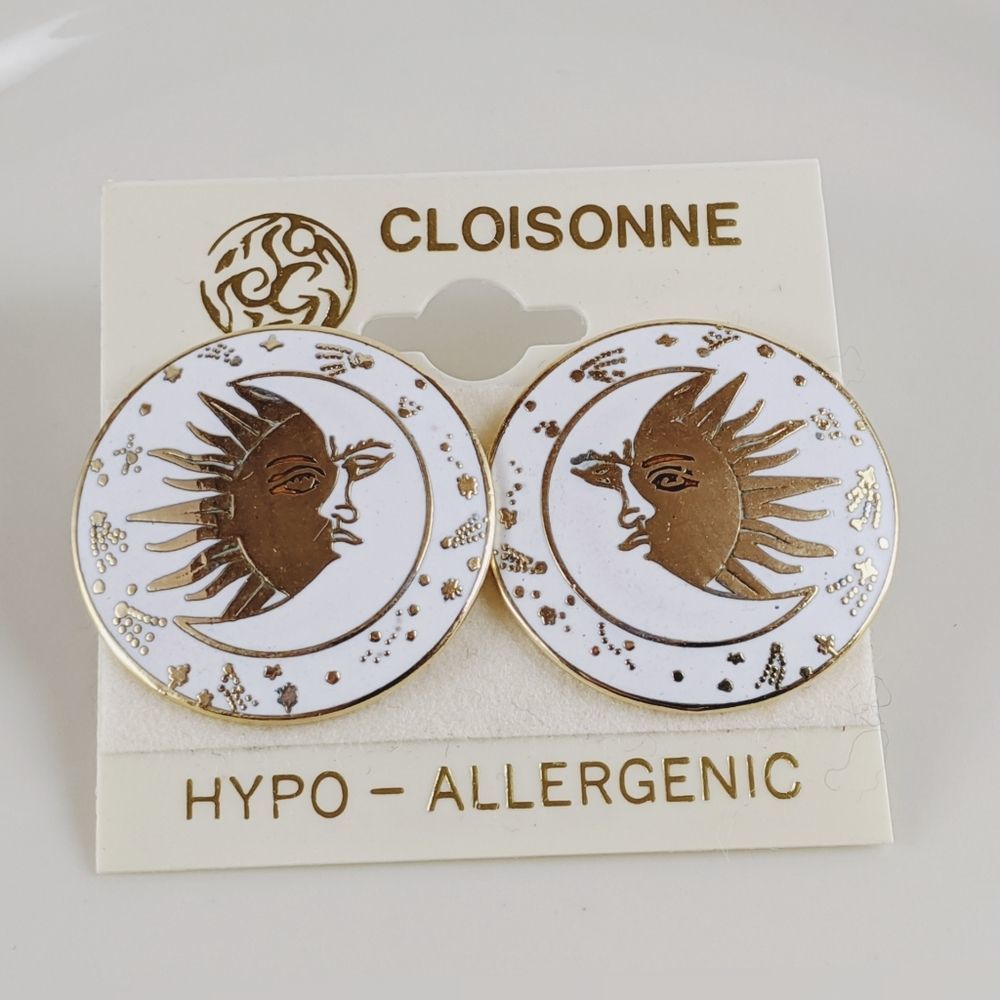 Vintage Cloisonne White Gold Sun Moon Earrings NEW